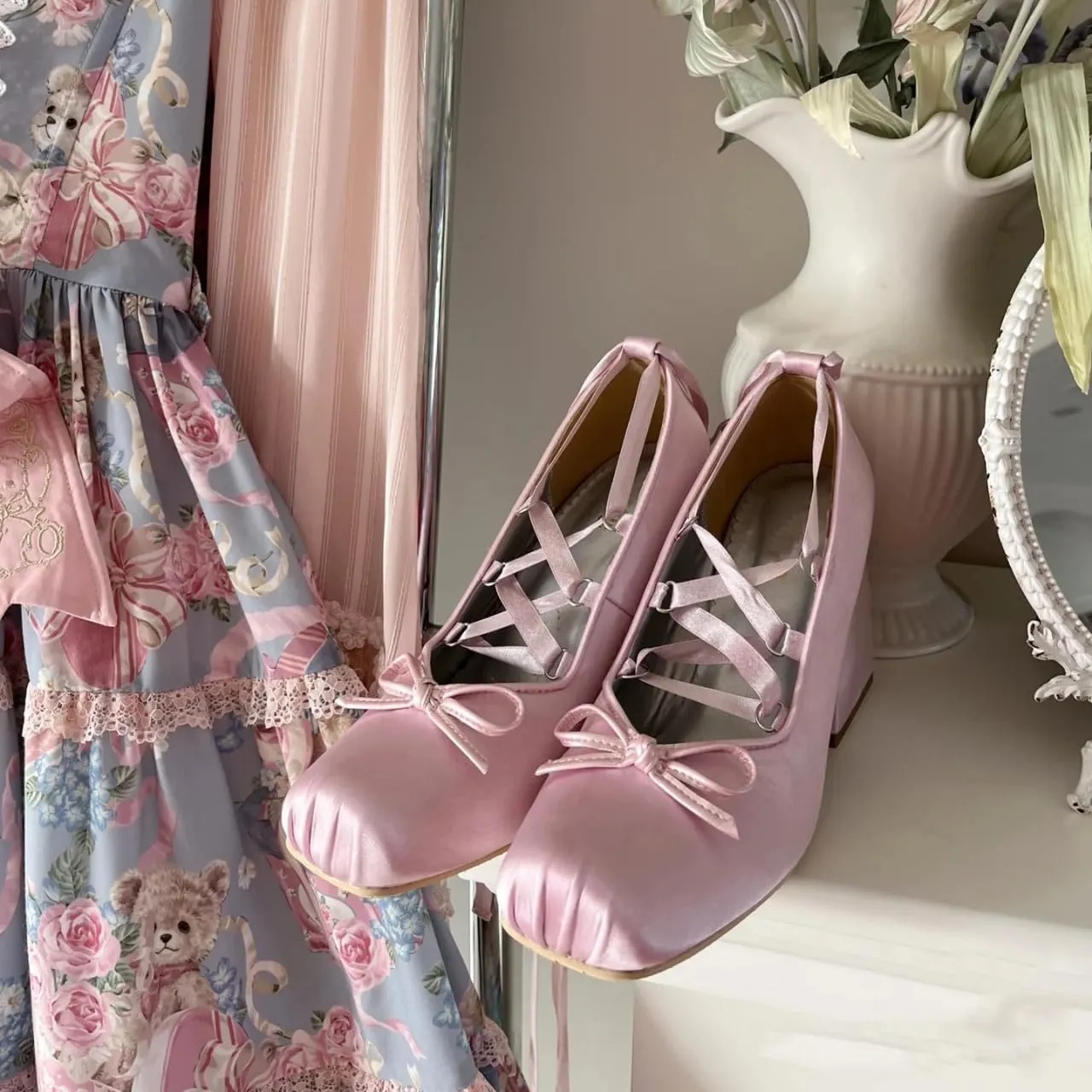 Satin Ballet Heels for Women Lace Up Chunky High Heel Pumps with Bow Closed Square Toe Dress Shoes Party Ballerina Heels