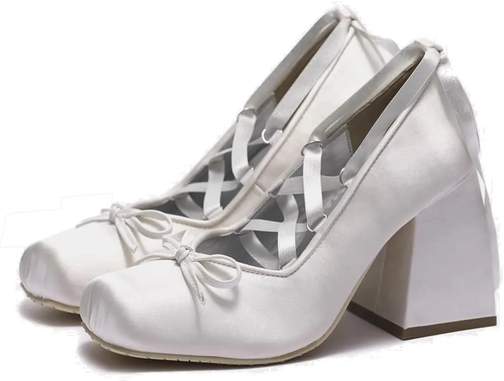 Satin Ballet Heels for Women Lace Up Chunky High Heel Pumps with Bow Closed Square Toe Dress Shoes Party Ballerina Heels