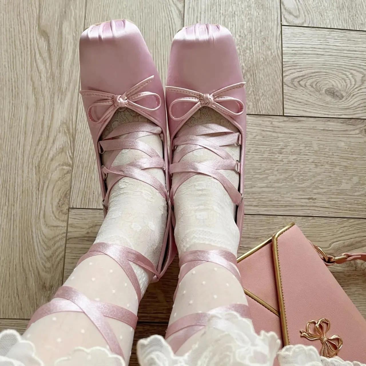 Satin Ballet Heels for Women Lace Up Chunky High Heel Pumps with Bow Closed Square Toe Dress Shoes Party Ballerina Heels