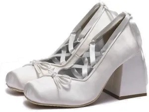 Satin Ballet Heels for Women Lace Up Chunky High Heel Pumps with Bow Closed Square Toe Dress Shoes Party Ballerina Heels