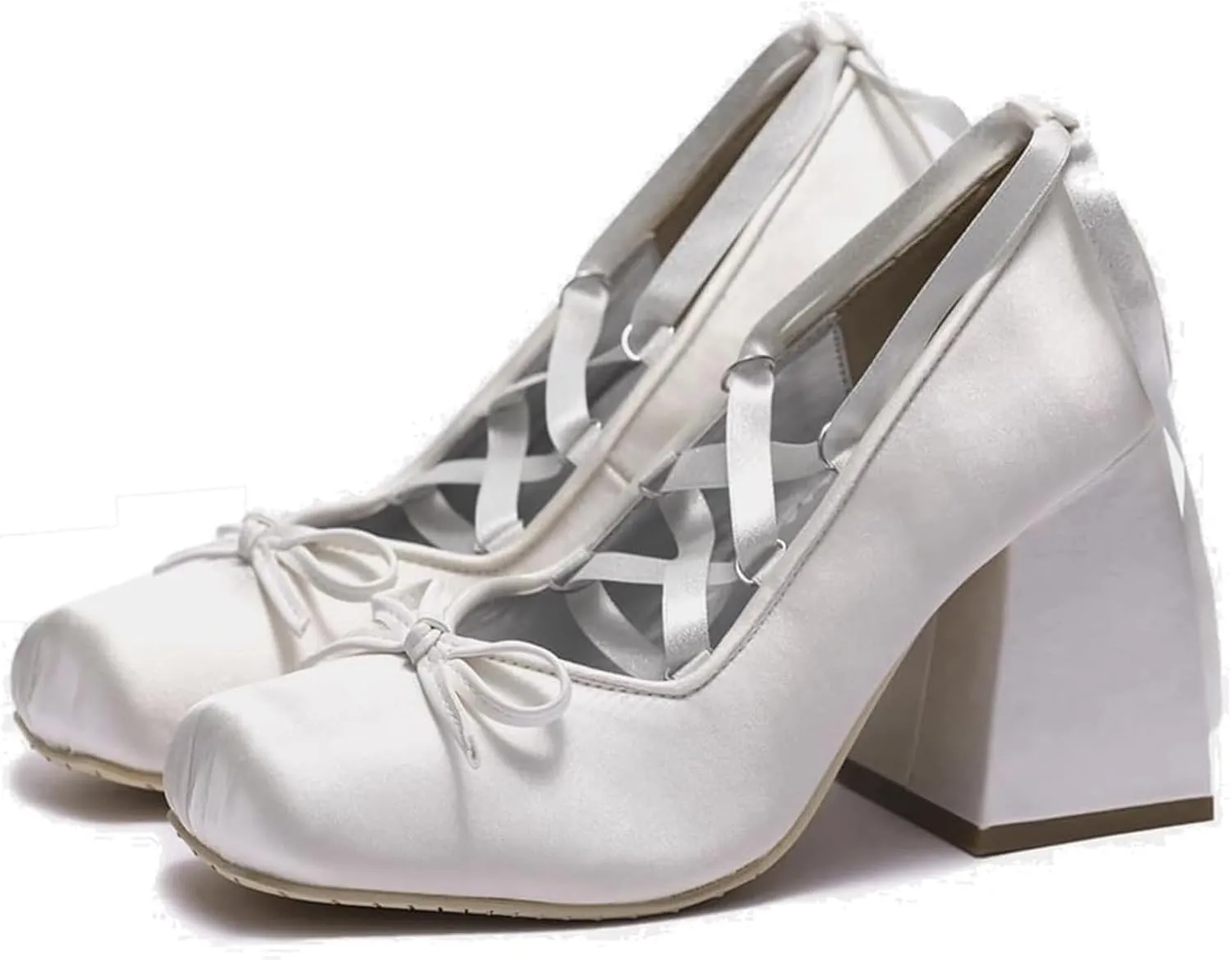 Satin Ballet Heels for Women Lace Up Chunky High Heel Pumps with Bow Square Toe Platform Shoes Party Ballerina Heels
