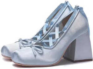 Satin Ballet Heels for Women Lace Up Chunky High Heel Pumps with Bow Square Toe Platform Shoes Party Ballerina Heels