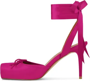 Satin Ballet Heels for Women with Bow Square Toe Ballerina Stiletto Heels Lace Up High Heel Slingback Pumps Strappy Mary Janes Cute Elegant Party Shoes