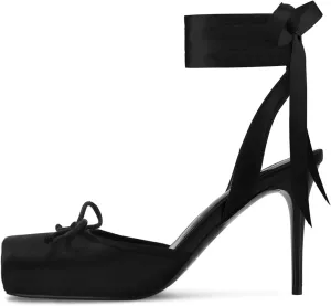 Satin Ballet Heels for Women with Bow Square Toe Ballerina Stiletto Heels Lace Up High Heel Slingback Pumps Strappy Mary Janes Cute Elegant Party Shoes