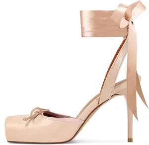 Satin Ballet Heels for Women with Bow Square Toe Ballerina Stiletto Heels Lace Up High Heel Slingback Pumps Strappy Mary Janes Cute Elegant Party Shoes