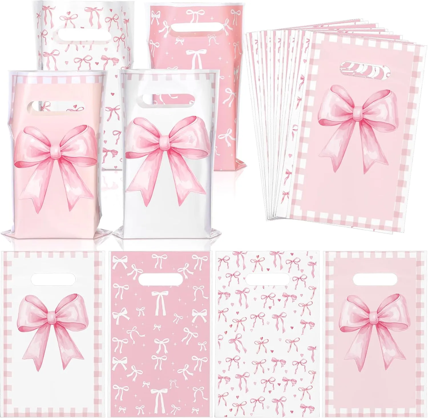 Saypacck 100 Pcs Party Favor Bags Birthday Candy Treat Plastic Gift Bags Coquette Goodie Packet Decoration for Wedding Birthday Bridal Baby Shower Bachelorette Party Supplies(Pink Bow)