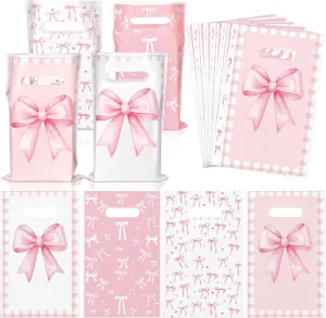 Saypacck 100 Pcs Party Favor Bags Birthday Candy Treat Plastic Gift Bags Coquette Goodie Packet Decoration for Wedding Birthday Bridal Baby Shower Bachelorette Party Supplies(Pink Bow)