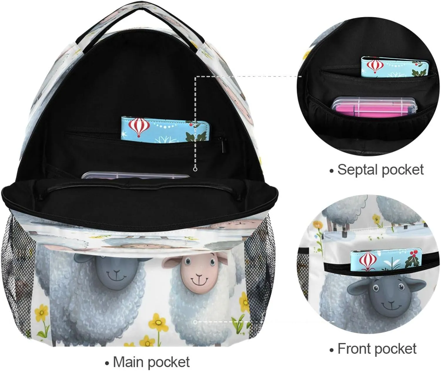 School Backpack for Unisex Adult Fashion Outdoor Backpack with Chest Strap for Business Work College Travel Trip Cartoon Sheep White