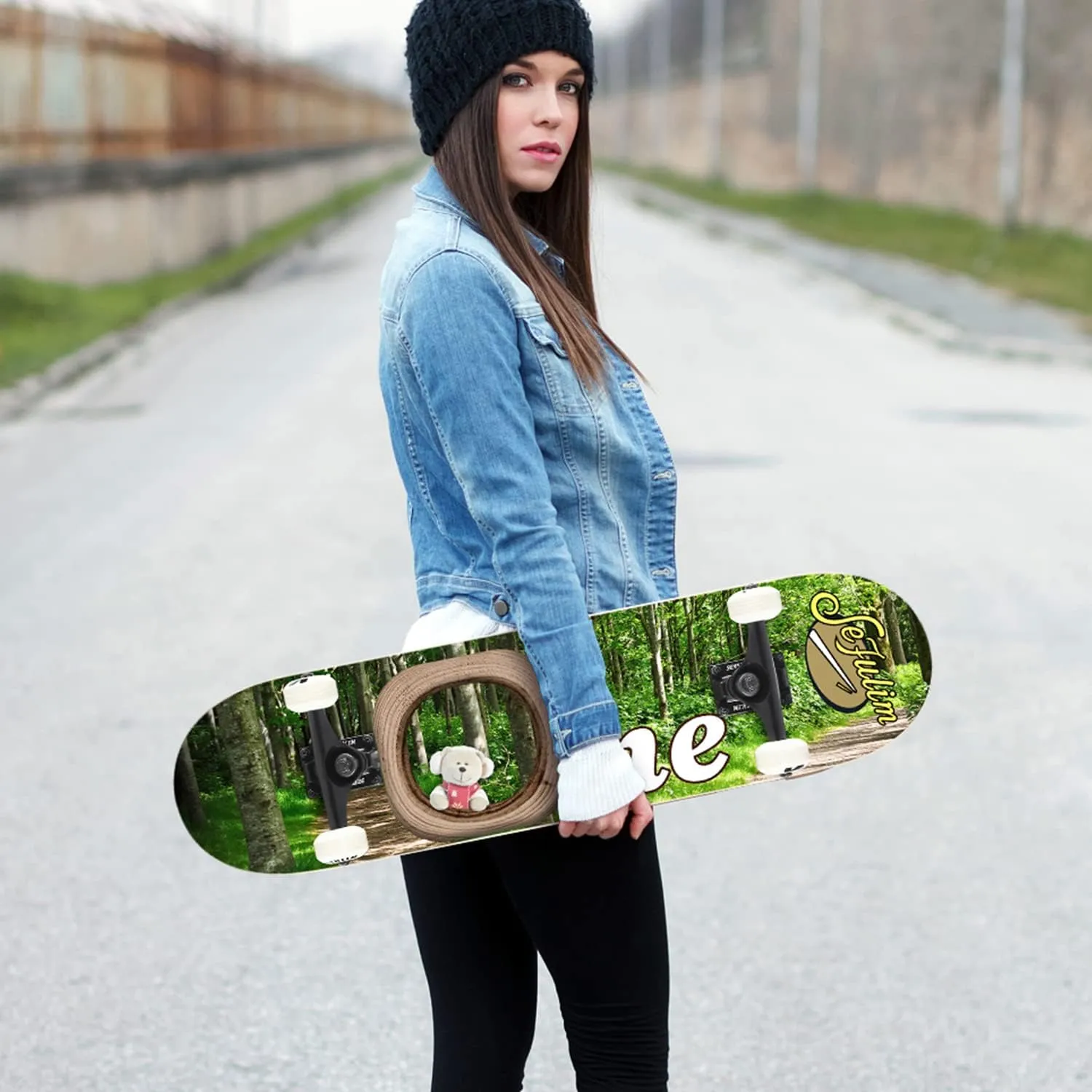 Sefulim 31 x 8 Inch Complete Skateboard 7 Layer Canadian Maple Double Kick Deck Concave Cruiser Trick Skateboard for Boys Girls Teens Adults Beginner