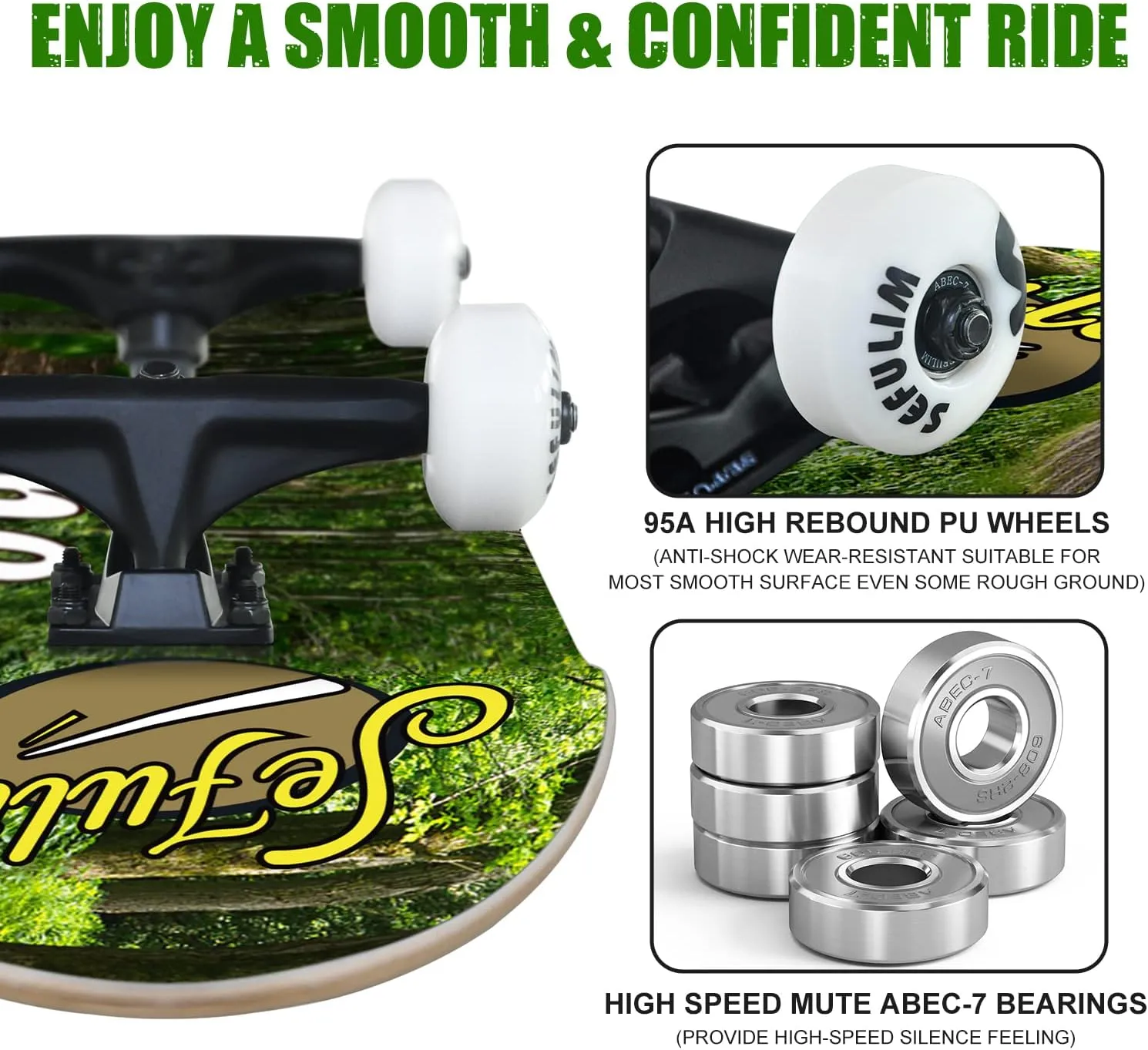 Sefulim 31 x 8 Inch Complete Skateboard 7 Layer Canadian Maple Double Kick Deck Concave Cruiser Trick Skateboard for Boys Girls Teens Adults Beginner