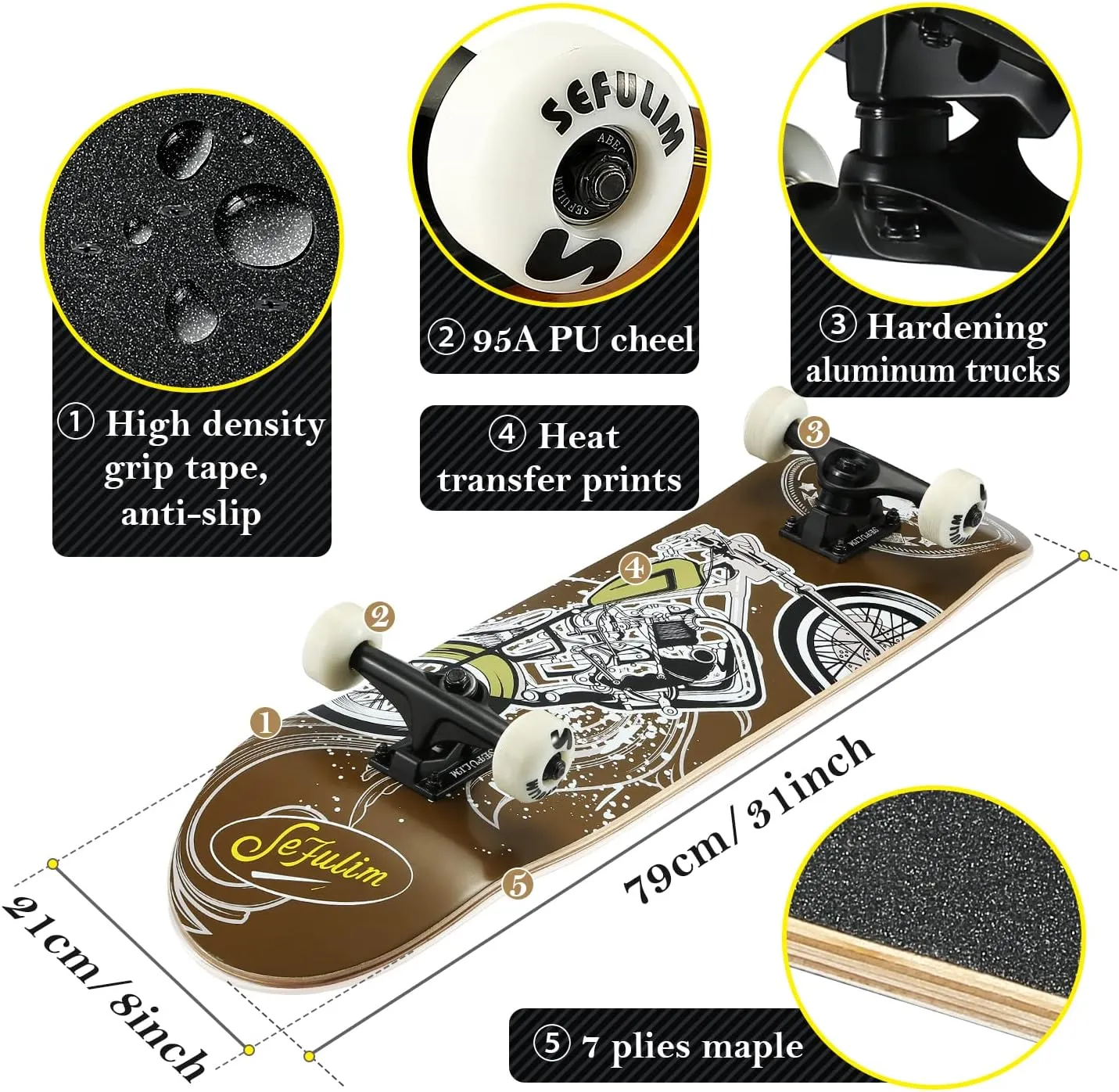 Sefulim 31 x 8 Inch Complete Skateboard 7 Layer Canadian Maple Double Kick Deck Concave Cruiser Trick Skateboard for Boys Girls Teens Adults Beginner
