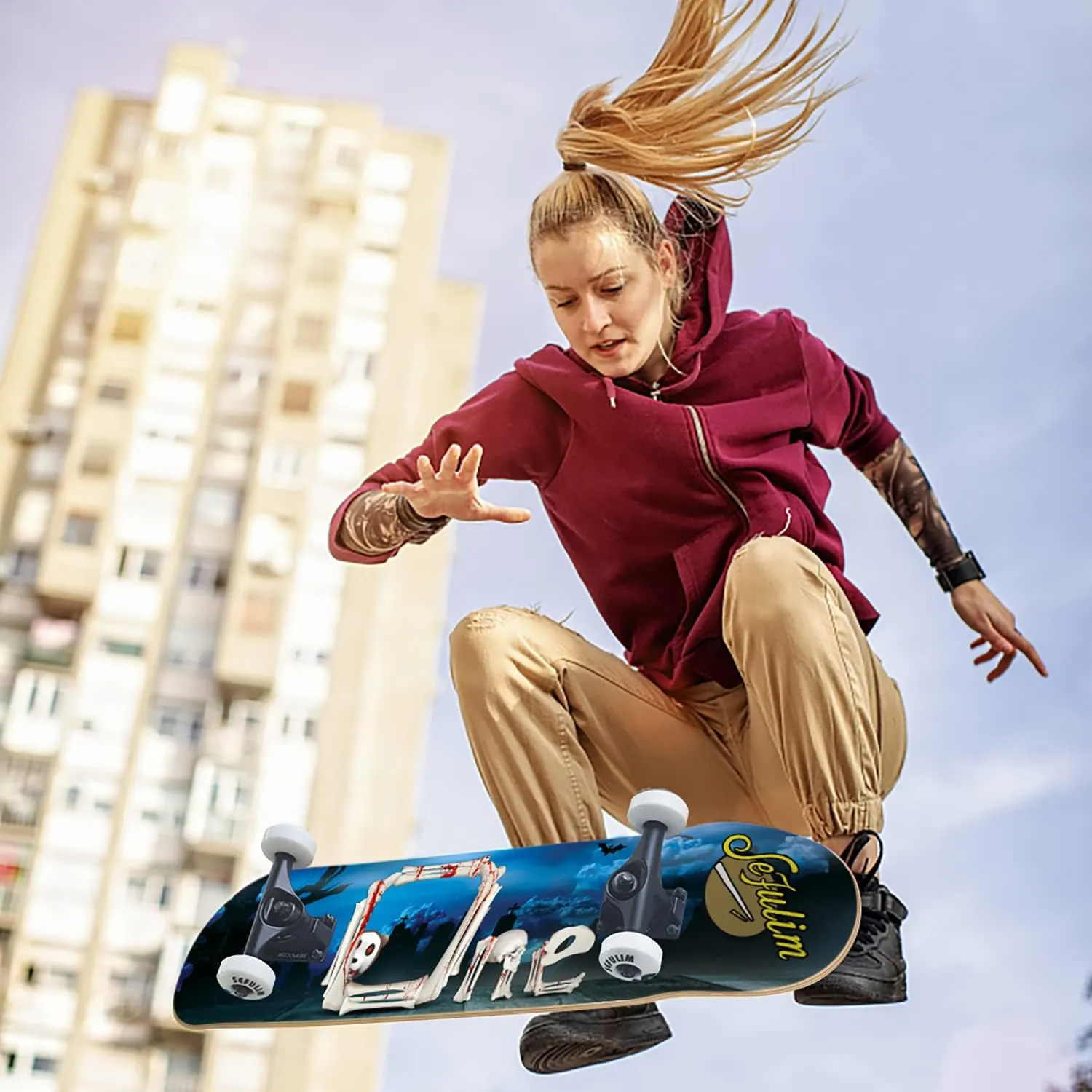 Sefulim 31 x 8 Inch Complete Skateboard 7 Layer Canadian Maple Double Kick Deck Concave Cruiser Trick Skateboard for Boys Girls Teens Adults Beginner