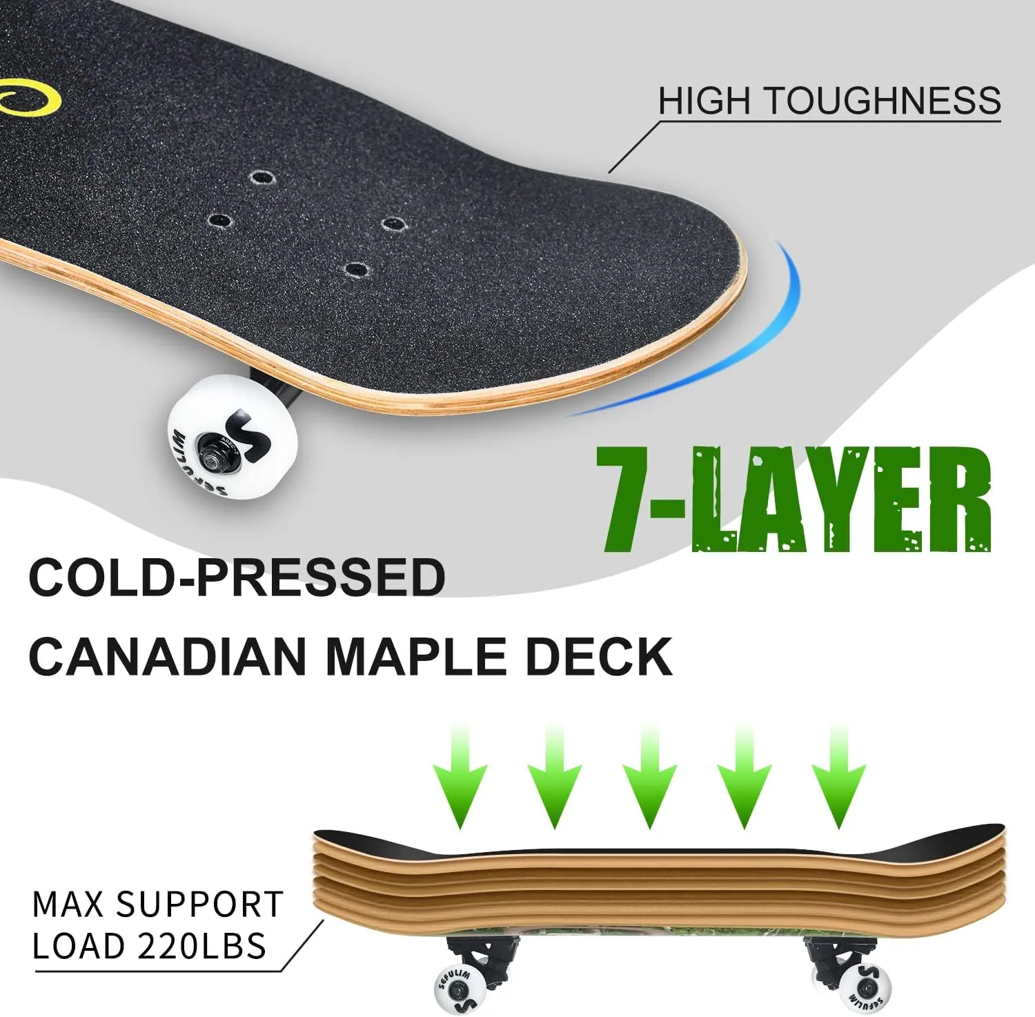 Sefulim 31 x 8 Inch Complete Skateboard 7 Layer Canadian Maple Double Kick Deck Concave Cruiser Trick Skateboard for Boys Girls Teens Adults Beginner