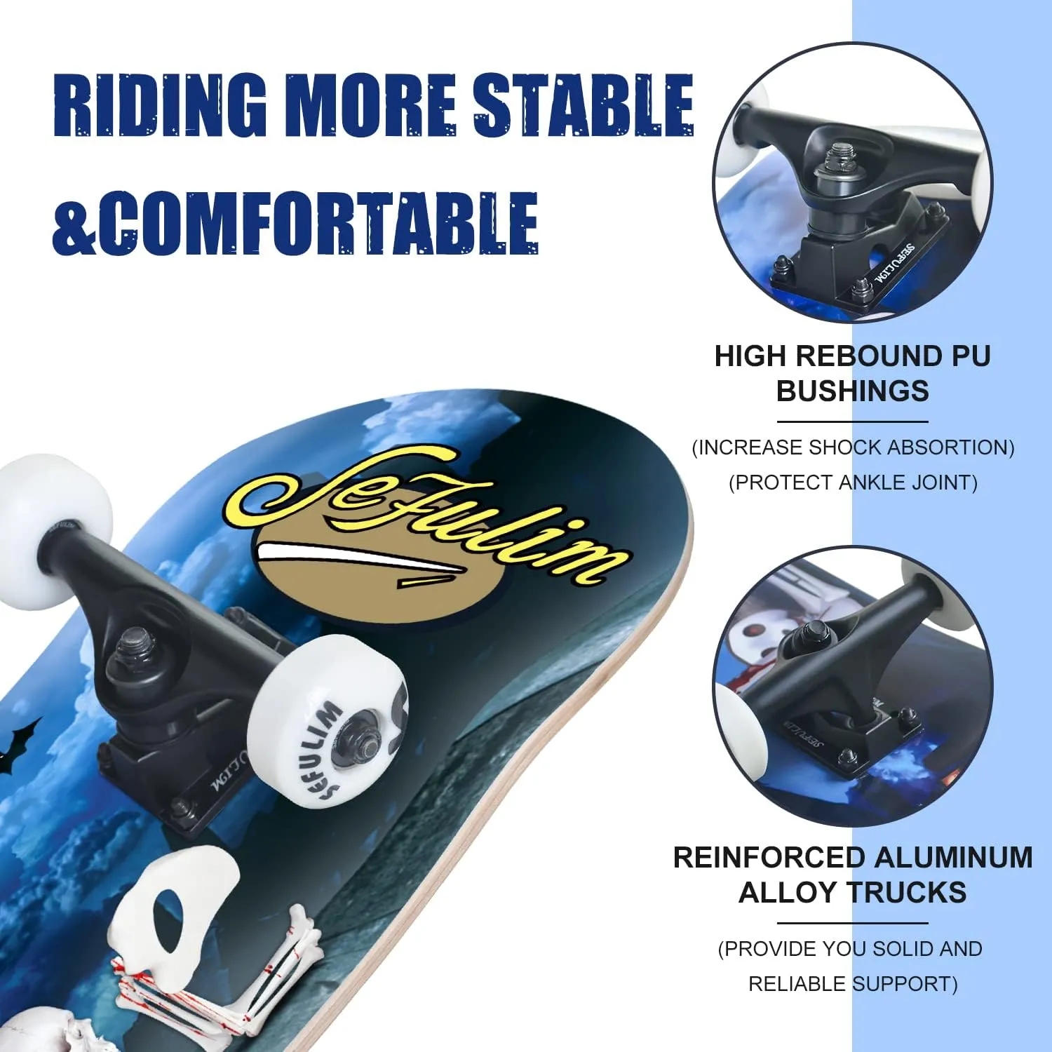 Sefulim 31 x 8 Inch Complete Skateboard 7 Layer Canadian Maple Double Kick Deck Concave Cruiser Trick Skateboard for Boys Girls Teens Adults Beginner