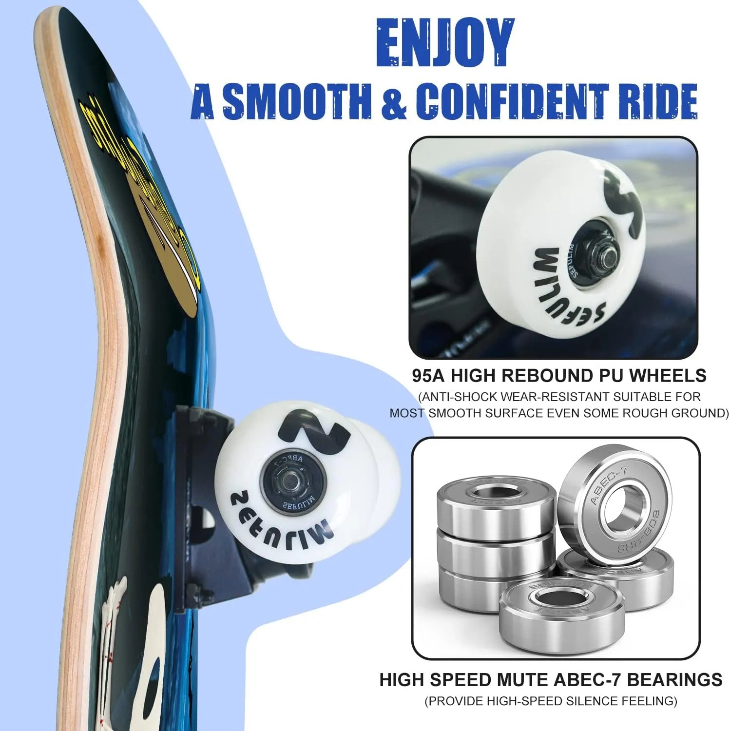 Sefulim 31 x 8 Inch Complete Skateboard 7 Layer Canadian Maple Double Kick Deck Concave Cruiser Trick Skateboard for Boys Girls Teens Adults Beginner