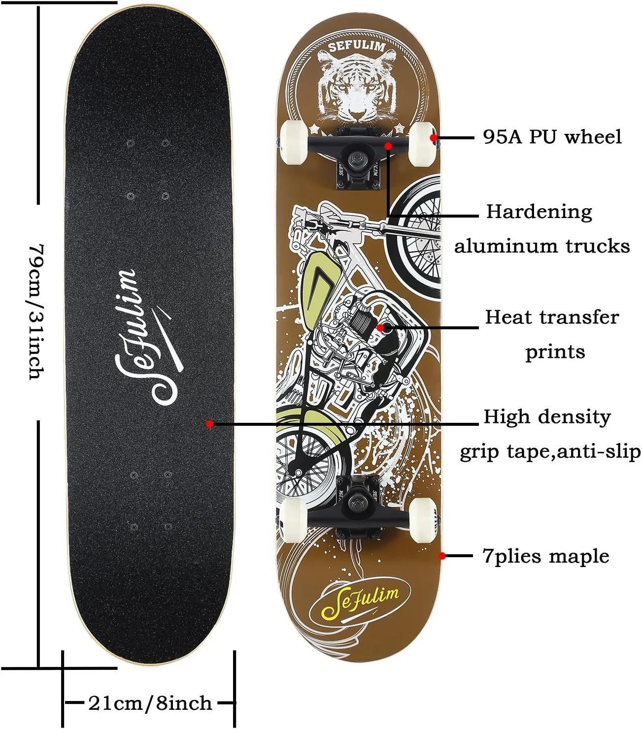 Sefulim 31 x 8 Inch Complete Skateboard 7 Layer Canadian Maple Double Kick Deck Concave Cruiser Trick Skateboard for Boys Girls Teens Adults Beginner