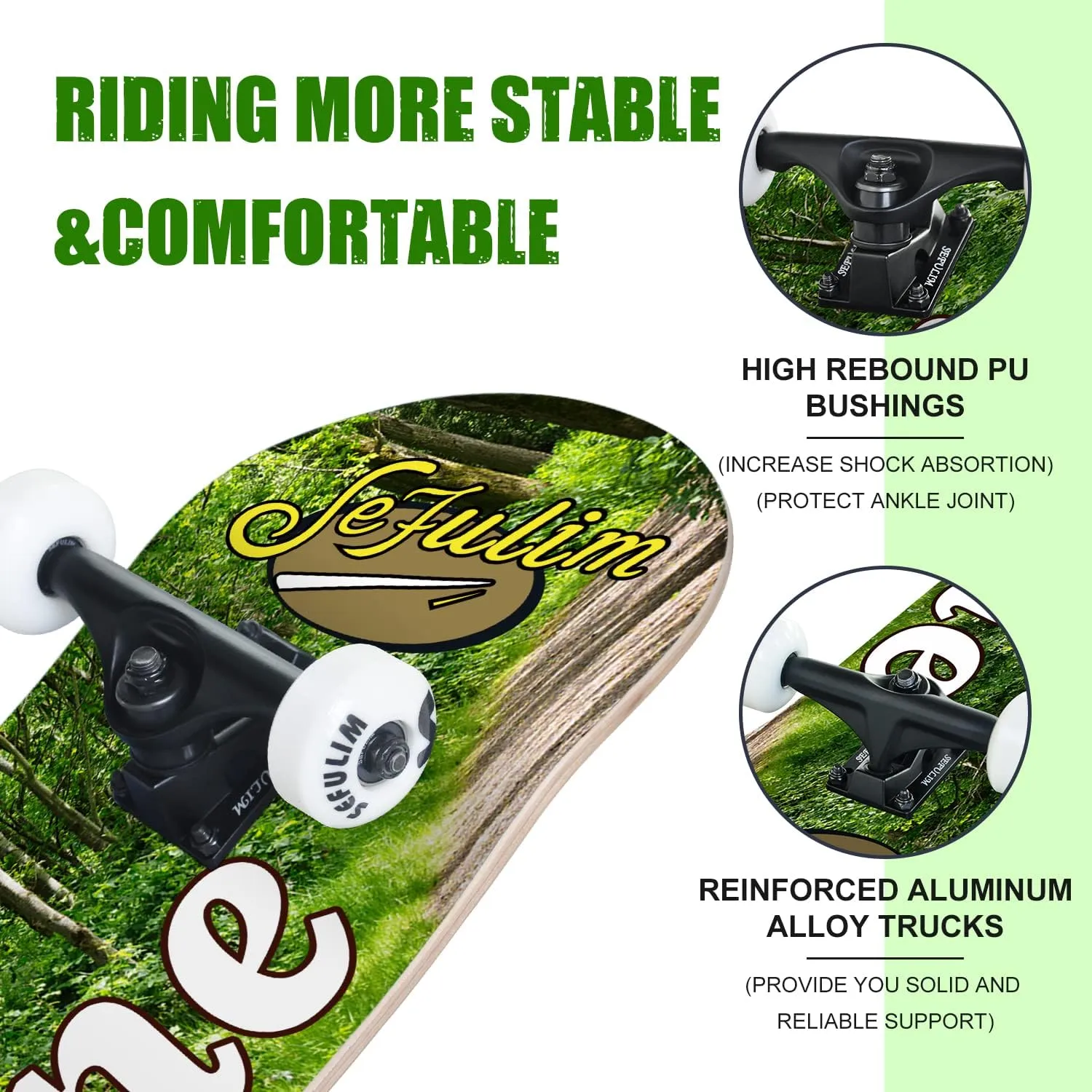Sefulim 31 x 8 Inch Complete Skateboard 7 Layer Canadian Maple Double Kick Deck Concave Cruiser Trick Skateboard for Boys Girls Teens Adults Beginner