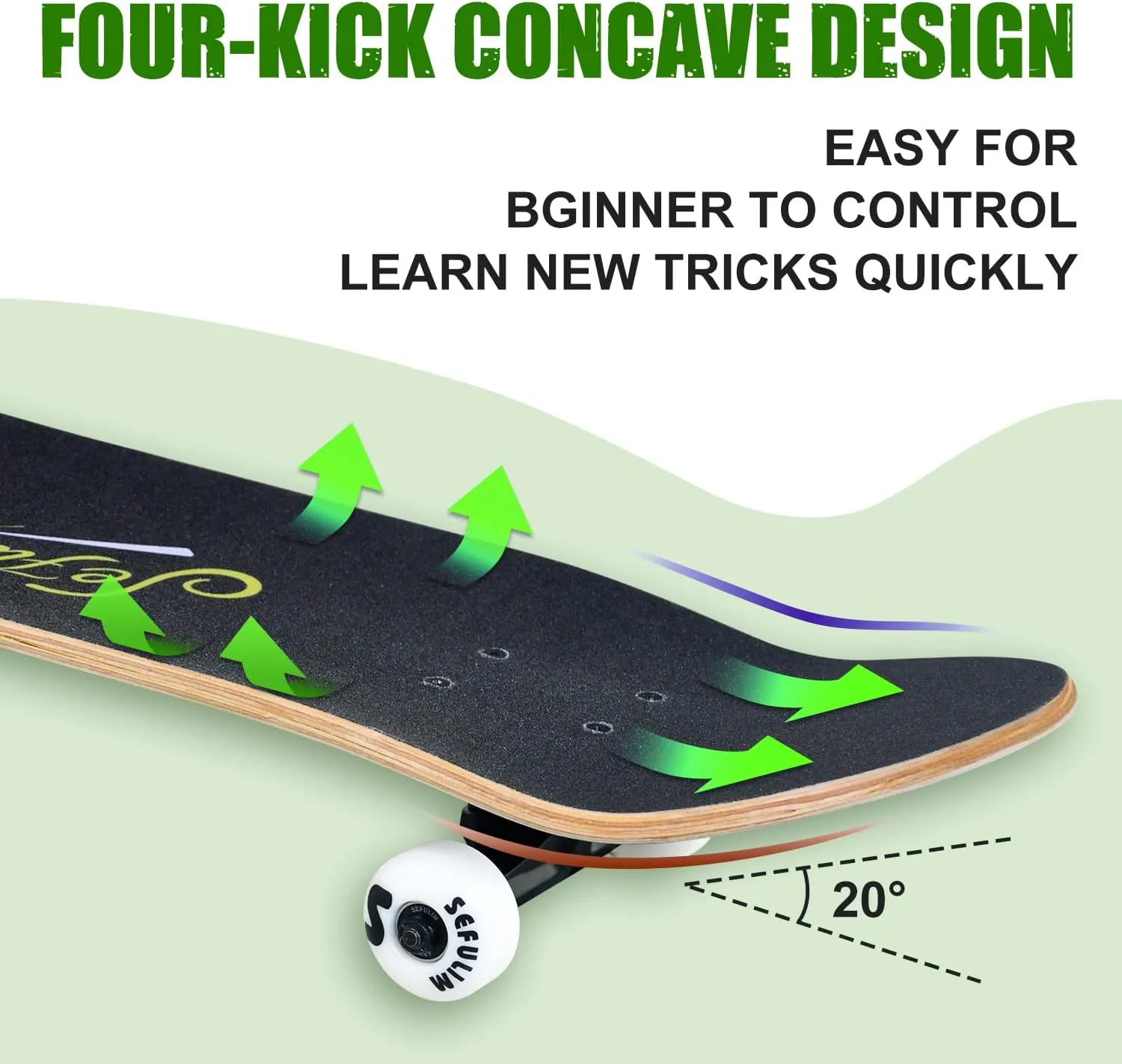 Sefulim 31 x 8 Inch Complete Skateboard 7 Layer Canadian Maple Double Kick Deck Concave Cruiser Trick Skateboard for Boys Girls Teens Adults Beginner