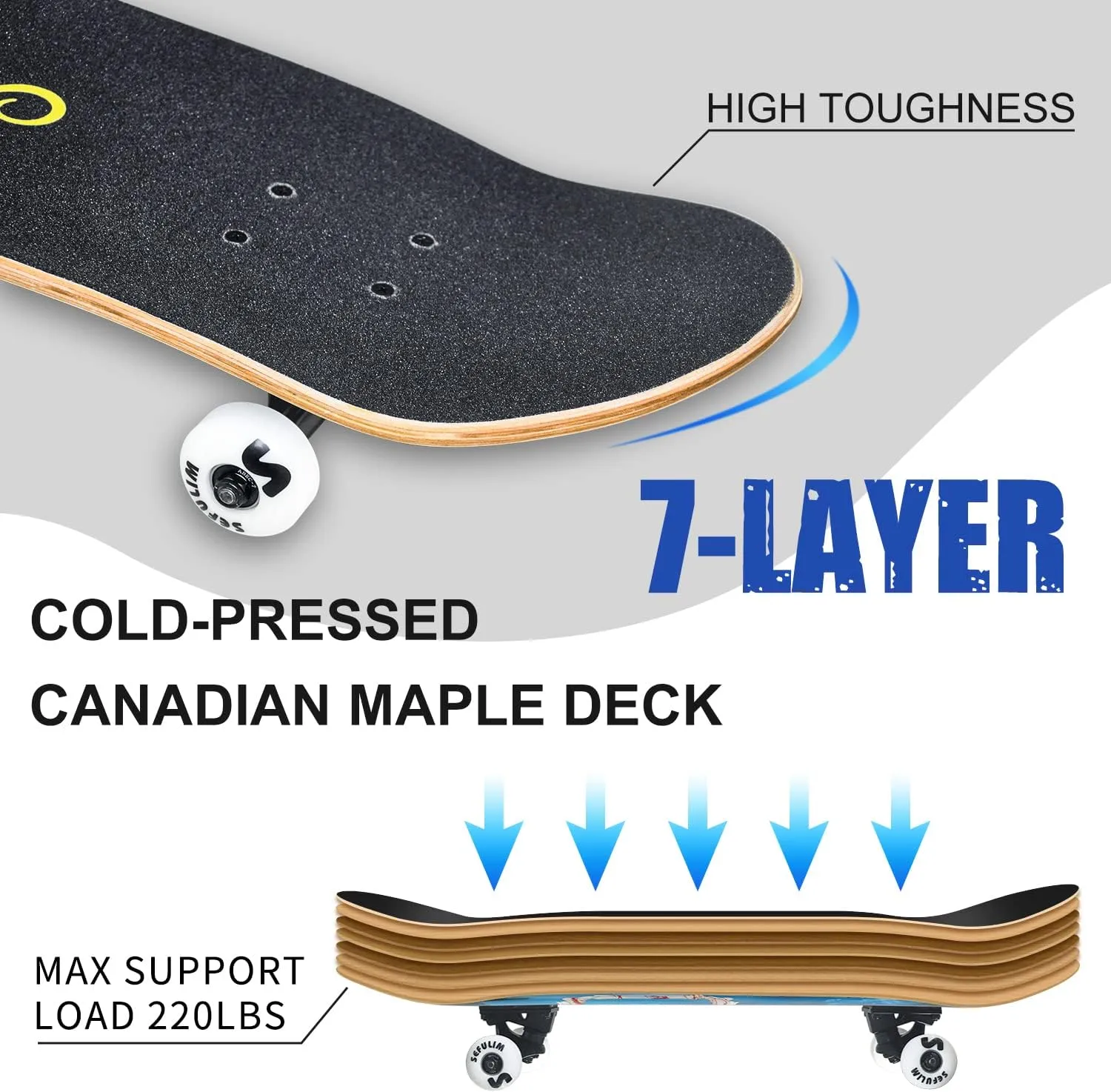 Sefulim 31 x 8 Inch Complete Skateboard 7 Layer Canadian Maple Double Kick Deck Concave Cruiser Trick Skateboard for Boys Girls Teens Adults Beginner