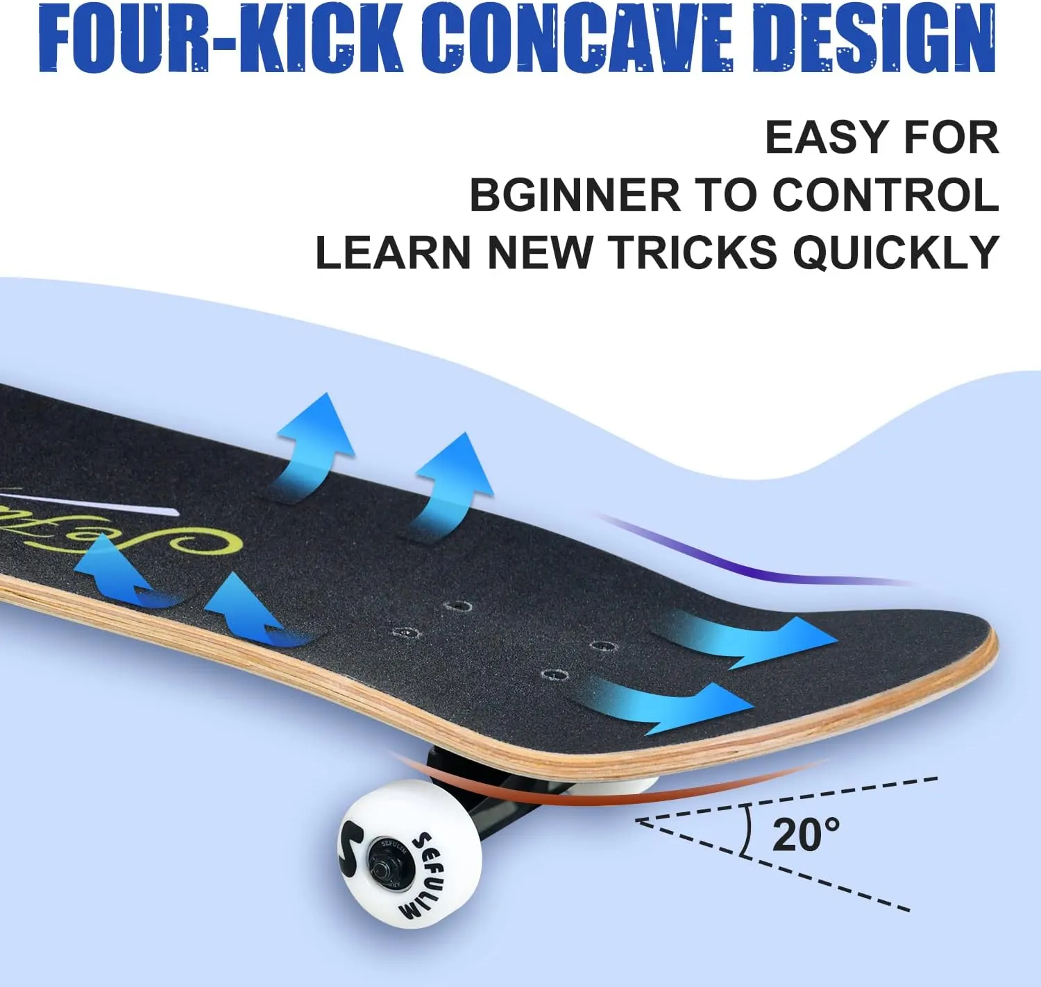 Sefulim 31 x 8 Inch Complete Skateboard 7 Layer Canadian Maple Double Kick Deck Concave Cruiser Trick Skateboard for Boys Girls Teens Adults Beginner