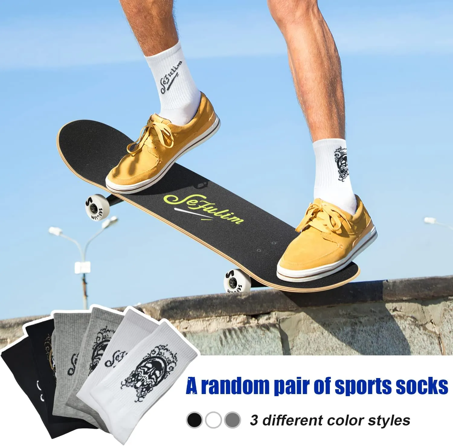 Sefulim 31 x 8 Inch Complete Skateboard 7 Layer Canadian Maple Double Kick Deck Concave Cruiser Trick Skateboard for Boys Girls Teens Adults Beginner
