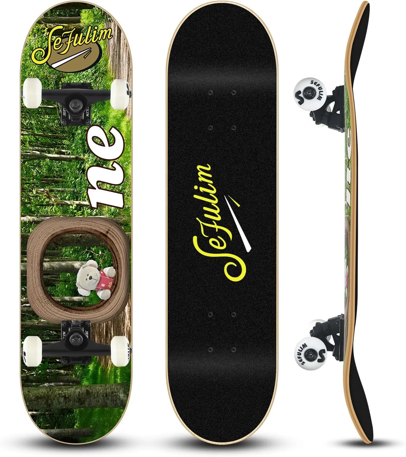 Sefulim 31 x 8 Inch Complete Skateboard 7 Layer Canadian Maple Double Kick Deck Concave Cruiser Trick Skateboard for Boys Girls Teens Adults Beginner