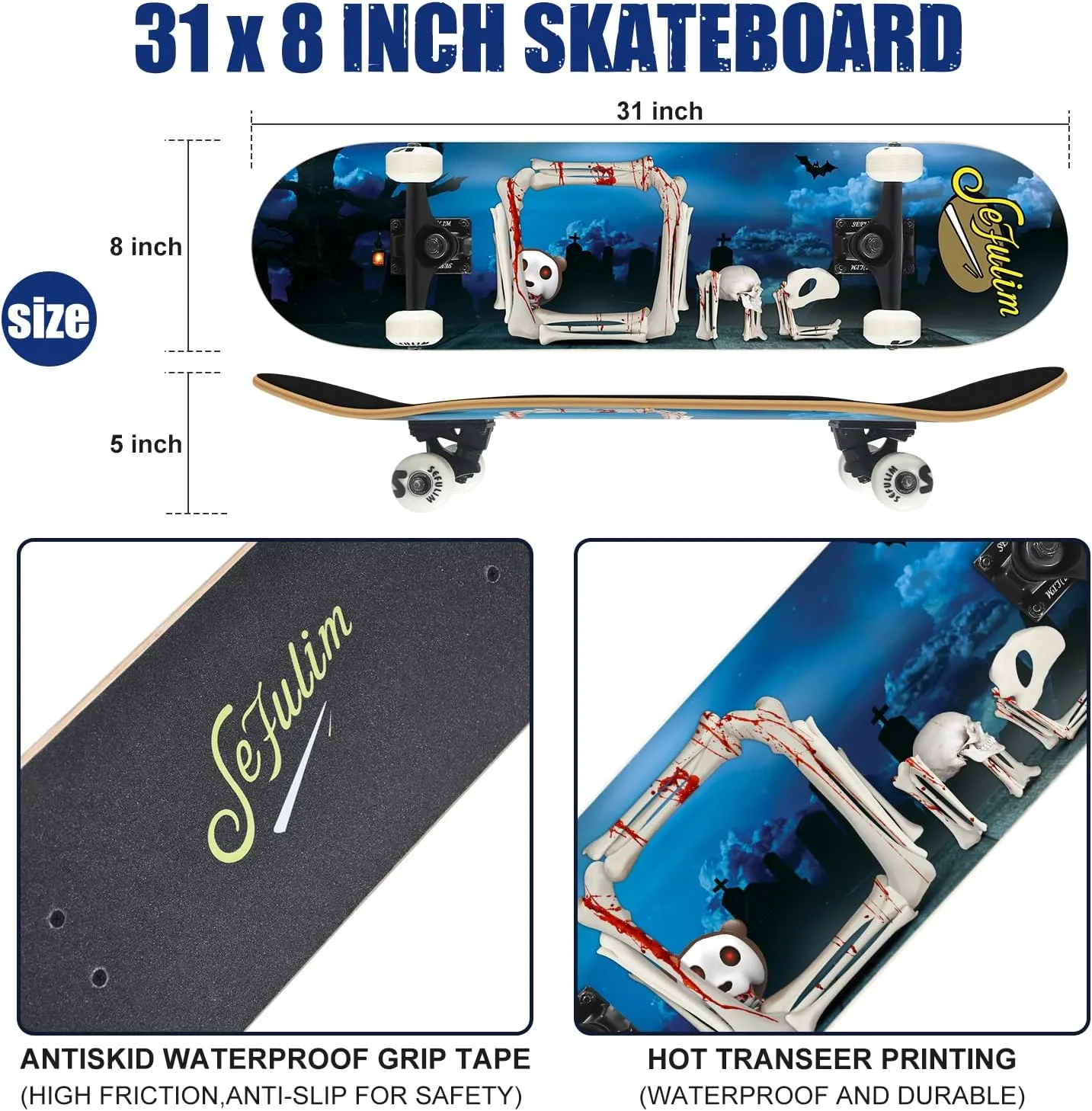 Sefulim 31 x 8 Inch Complete Skateboard 7 Layer Canadian Maple Double Kick Deck Concave Cruiser Trick Skateboard for Boys Girls Teens Adults Beginner