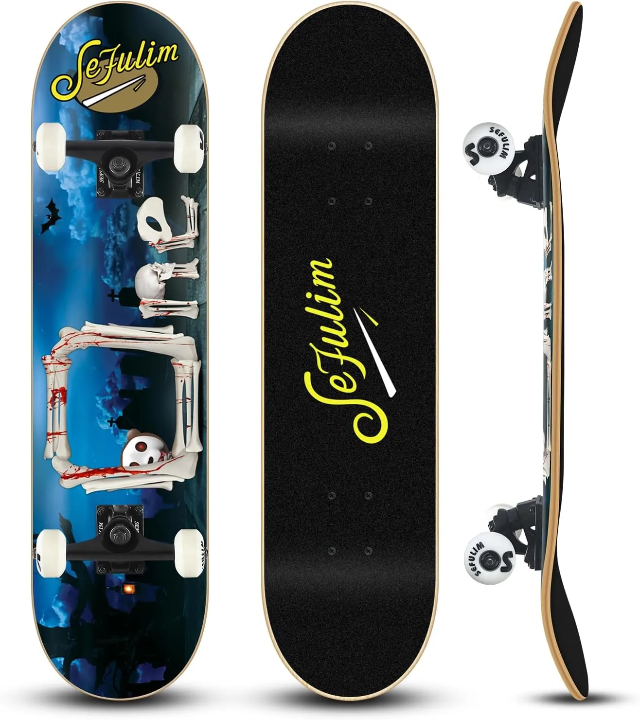 Sefulim 31 x 8 Inch Complete Skateboard 7 Layer Canadian Maple Double Kick Deck Concave Cruiser Trick Skateboard for Boys Girls Teens Adults Beginner