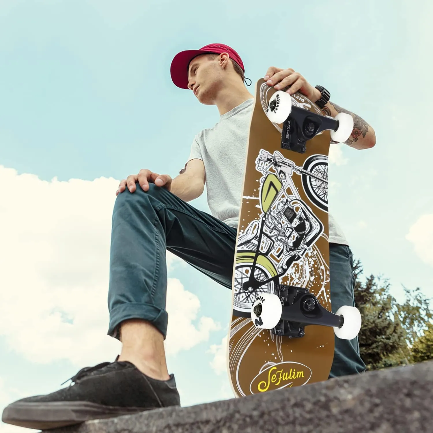 Sefulim 31 x 8 Inch Complete Skateboard 7 Layer Canadian Maple Double Kick Deck Concave Cruiser Trick Skateboard for Boys Girls Teens Adults Beginner