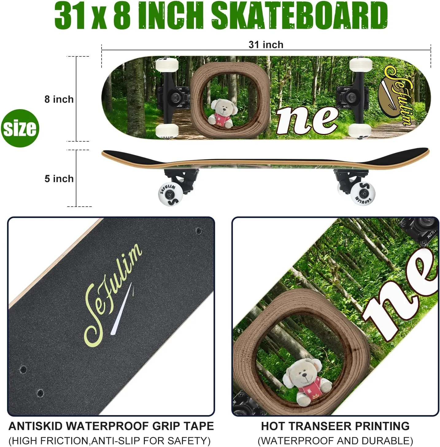 Sefulim 31 x 8 Inch Complete Skateboard 7 Layer Canadian Maple Double Kick Deck Concave Cruiser Trick Skateboard for Boys Girls Teens Adults Beginner