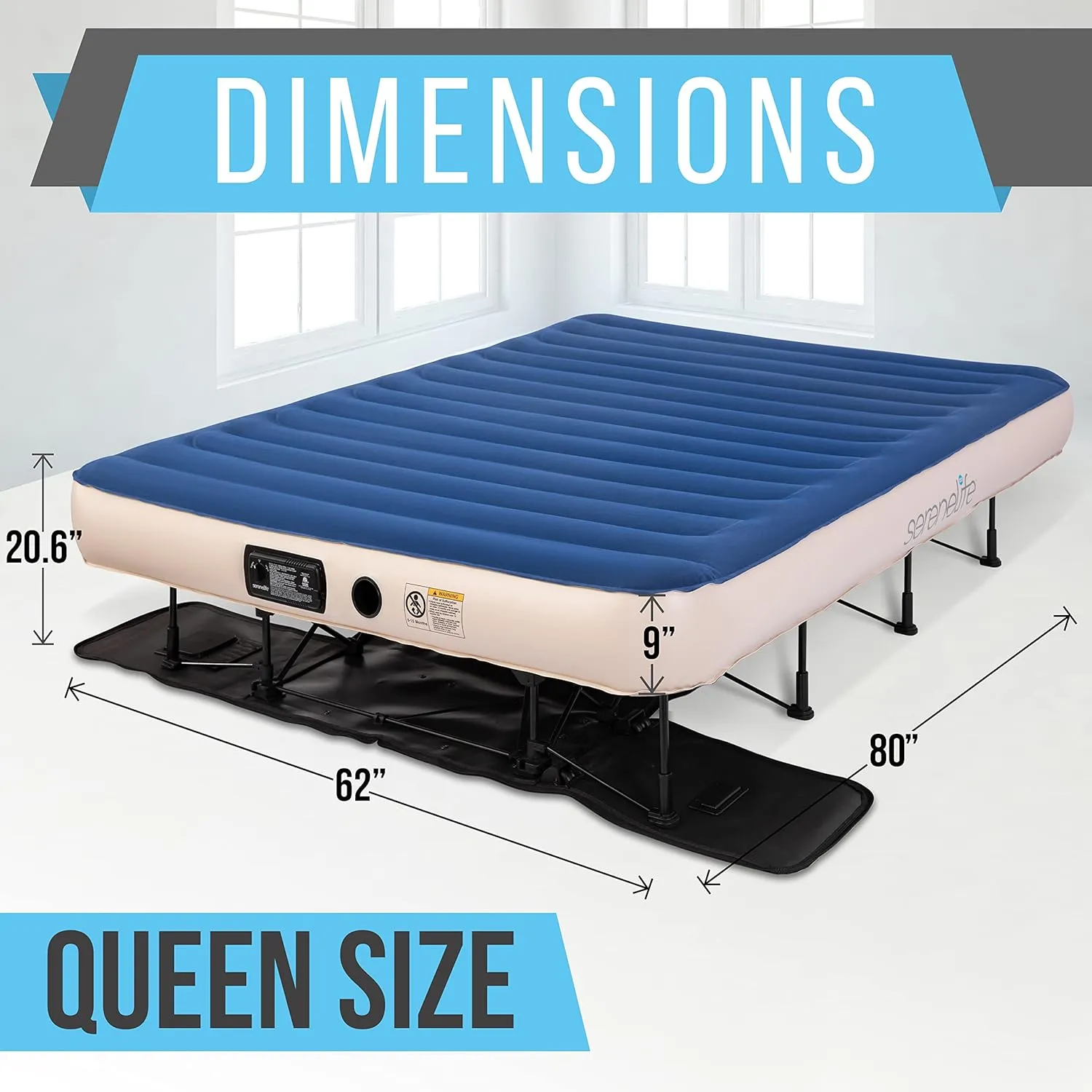 SereneLife EZ Bed Air Mattress with Frame and Rolling Case, Self-Inflating Airbed with Built in Pump for Travel and Hosting, Queen