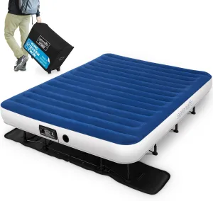 SereneLife EZ Bed Air Mattress with Frame and Rolling Case, Self-Inflating Airbed with Built in Pump for Travel and Hosting, Queen