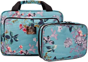 Set Of Large Hanging Travel Toiletry And Cosmetic Bag For Women and Jewelry Travel Organizer Bag With Many Pockets in Turquoise Flowers