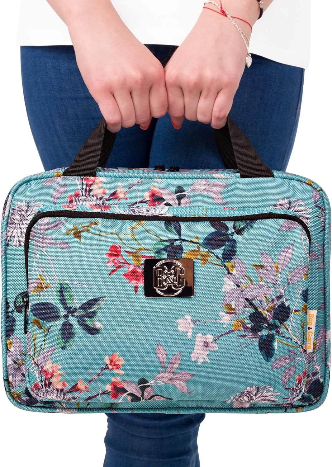 Set Of Large Hanging Travel Toiletry And Cosmetic Bag For Women and Jewelry Travel Organizer Bag With Many Pockets in Turquoise Flowers