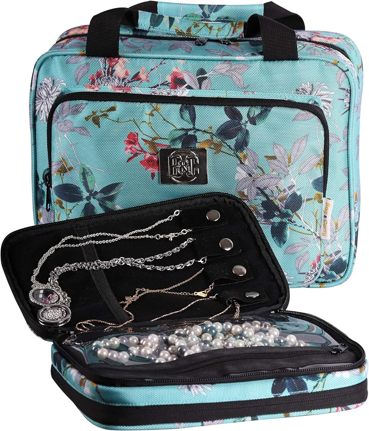 Set Of Large Hanging Travel Toiletry And Cosmetic Bag For Women and Jewelry Travel Organizer Bag With Many Pockets in Turquoise Flowers