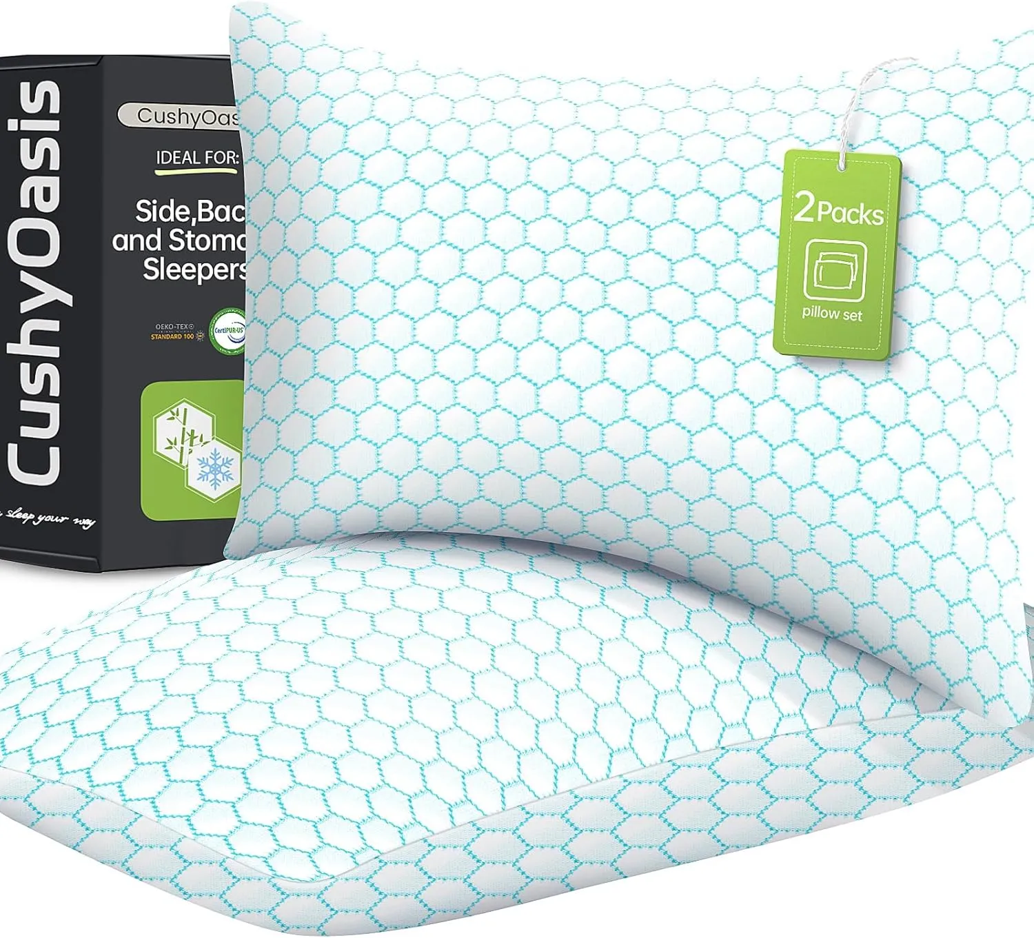 Shredded Memory Foam Pillow for Sleeping, Cooling Bed Pillows Set of 2, Adjustable Pillows for Side, Back, Stomach Sleepers with Washable Pillowcase (King Size, Blue)