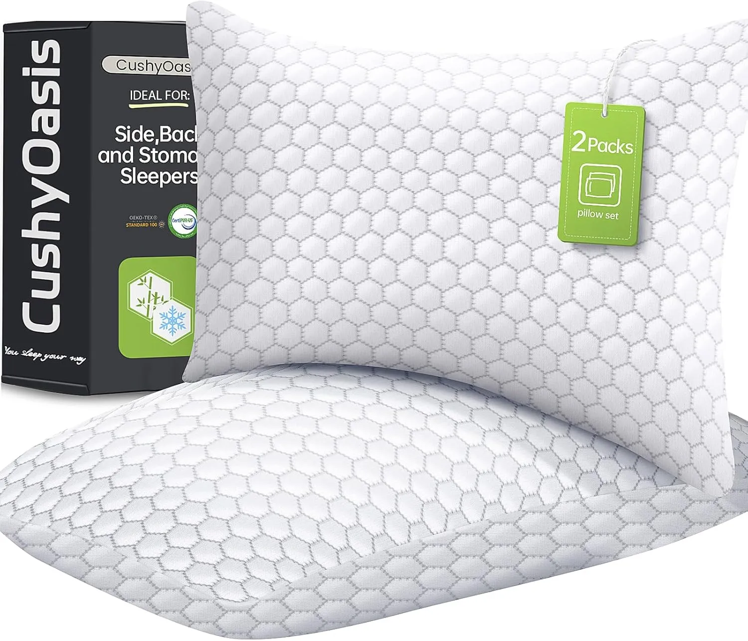 Shredded Memory Foam Pillow for Sleeping, Cooling Bed Pillows Set of 2, Adjustable Pillows for Side, Back, Stomach Sleepers with Washable Pillowcase (King Size, Grey)