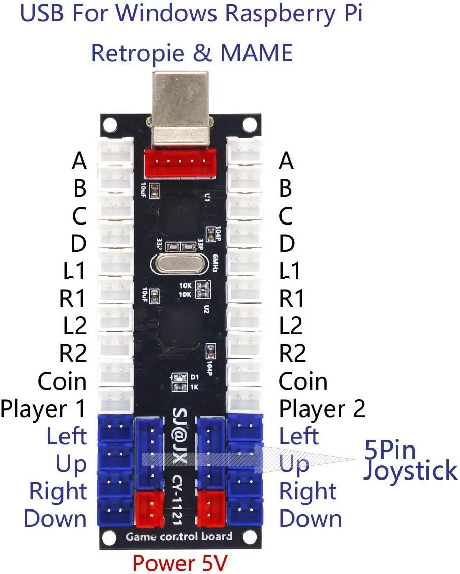 SJ@JX 2 Player Arcade USB Encoder Board Zero Delay Game Controller DIY Kit 20x Button Cable 2x Joystick Cable for Retro Pie PC MAME Raspberry Pi