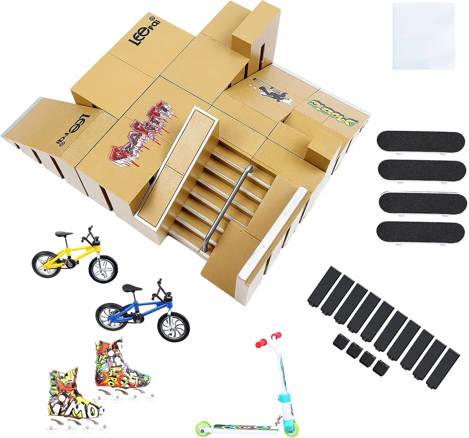 Skate Park Kit, Skate Park Kit Ramp Parts for Finger Skateboard Park Kit Part Training Props with 4 Finger Decks 2 Finger Bike 1 Pair Skates and 1 Scooters