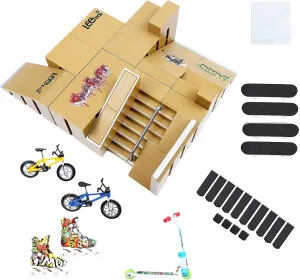 Skate Park Kit, Skate Park Kit Ramp Parts for Finger Skateboard Park Kit Part Training Props with 4 Finger Decks 2 Finger Bike 1 Pair Skates and 1 Scooters