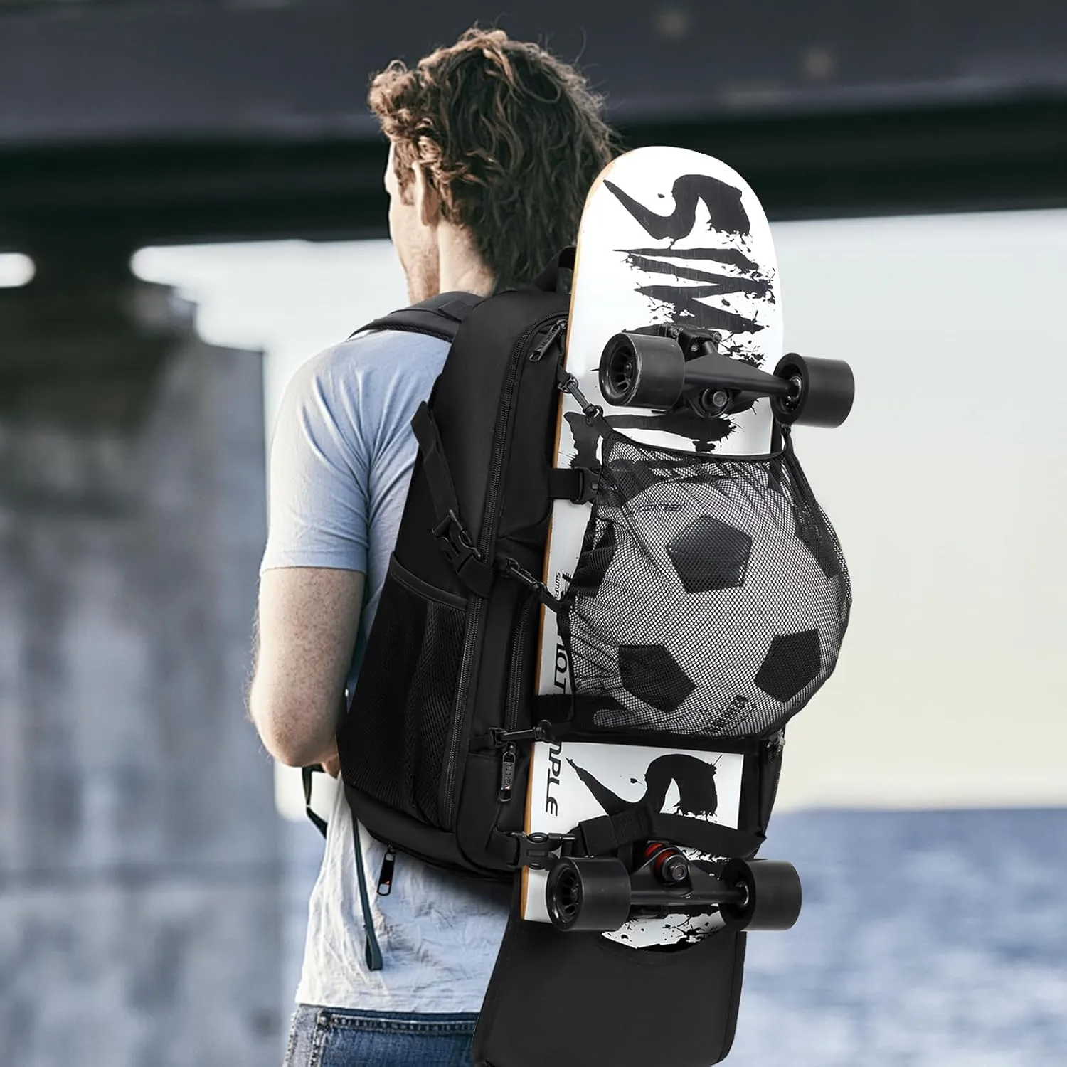 Skateboard Backpack, Laptop Backpack with USB Charging Port, RFID Anti-Theft Lock, Waterproof Fabric, Fits up to 15.6 Inch Laptop, for Business Travel Men (Black)
