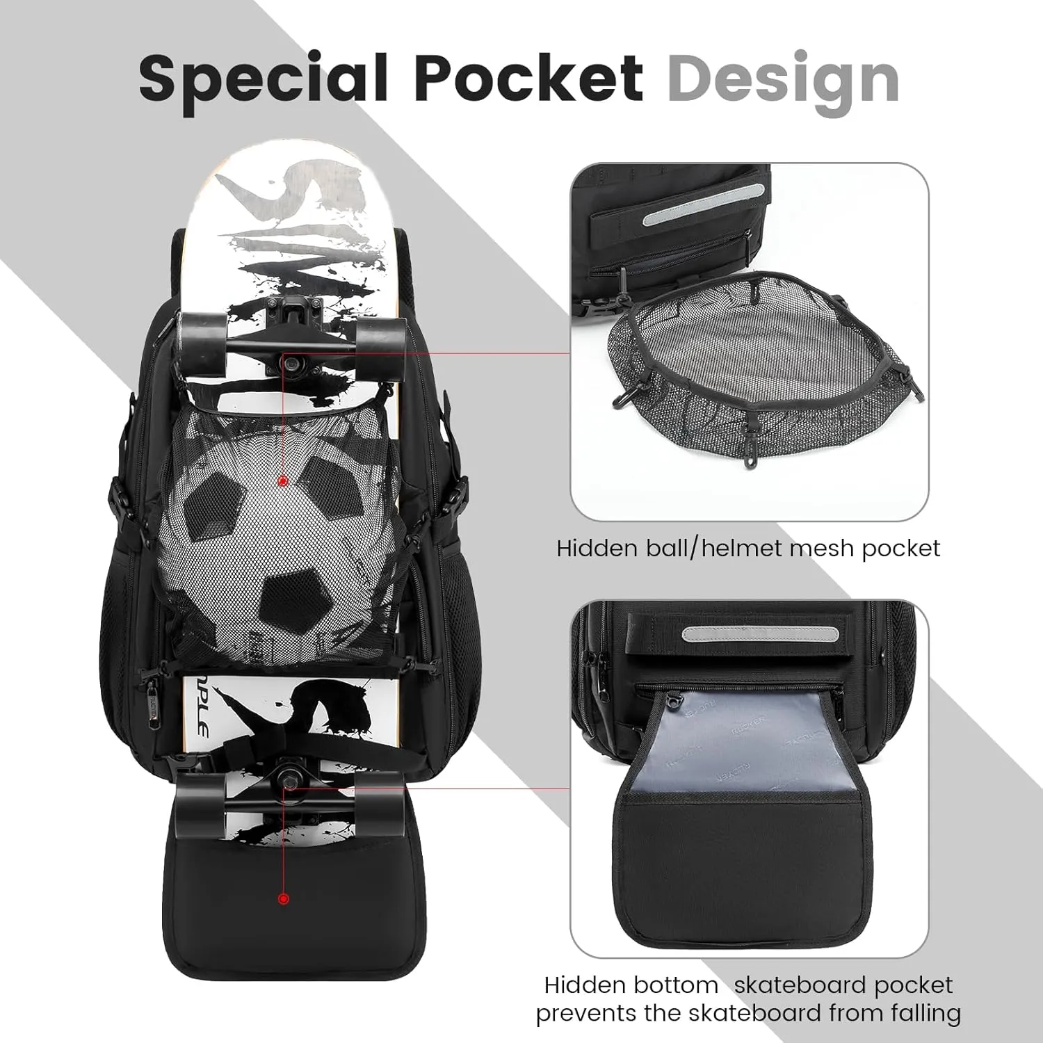 Skateboard Backpack, Laptop Backpack with USB Charging Port, RFID Anti-Theft Lock, Waterproof Fabric, Fits up to 15.6 Inch Laptop, for Business Travel Men (Black)