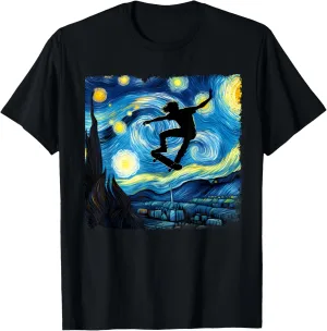 Skateboard Starry Night Van Gogh Skateboarding Lovers Skater T-Shirt