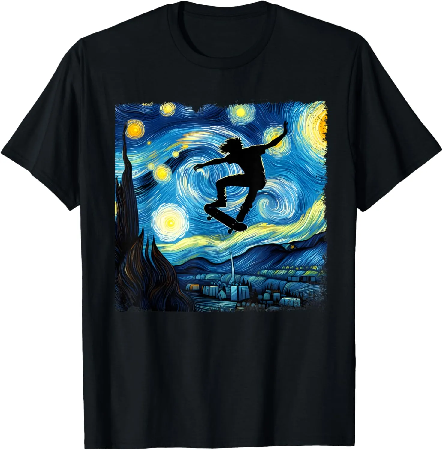 Skateboard Starry Night Van Gogh Skateboarding Lovers Skater T-Shirt