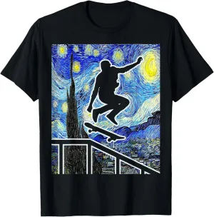 Skateboarding Starry Night Skateboard Van Gogh T-Shirt