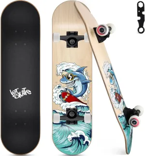 Skateboards for Beginners, 31"x8" Complete Skateboard for Kids Teens & Adults, 7 Layer Canadian Maple Wood Double Kick Deck Concave Standard and Tricks Skateboard with All-in-1 Skate Tool