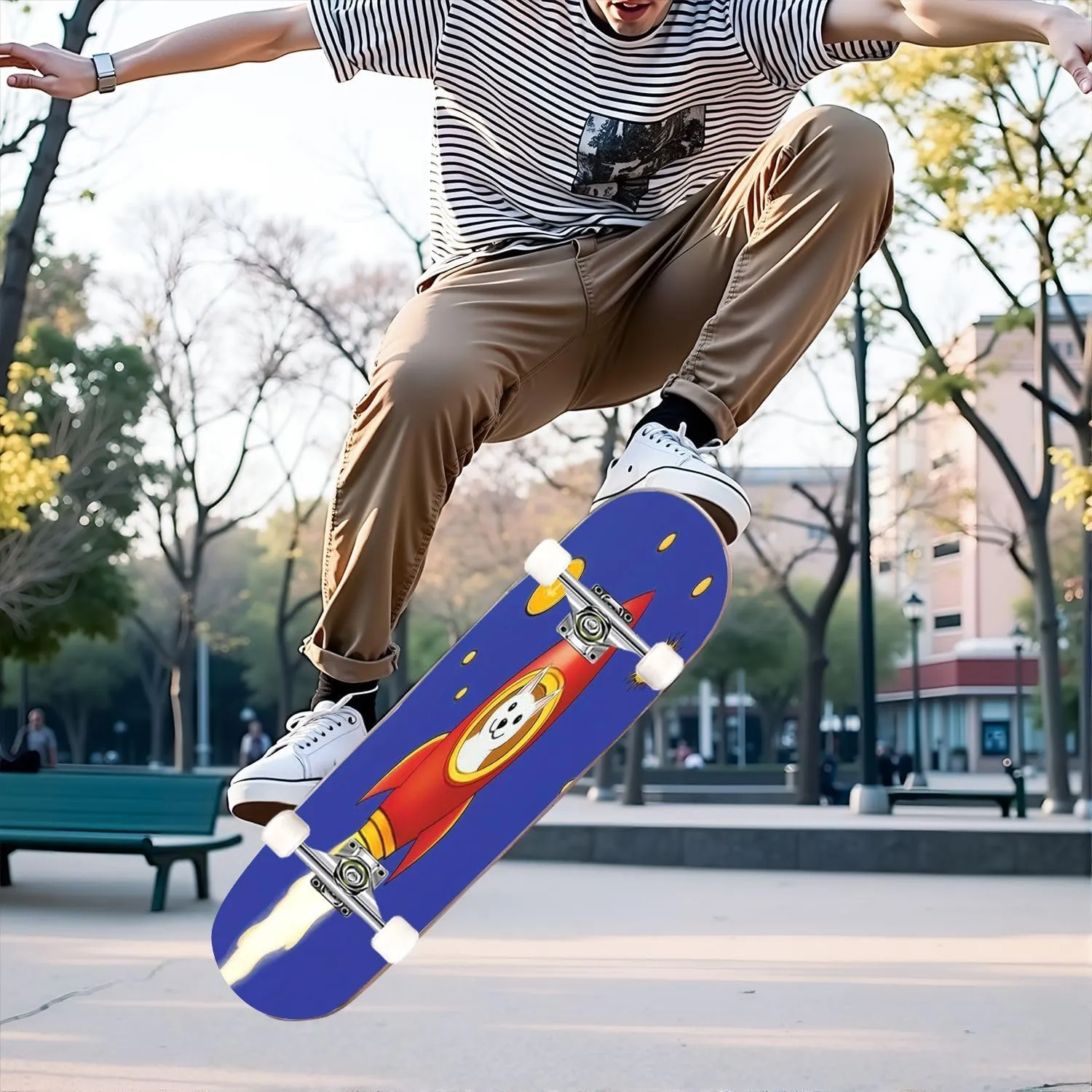 Skateboards for Beginners Dogecoin Rocket Launcher Cryptocurrency Growth Complete Skateboard 7-Layer Maple Wood Double Kick Deck Concave for Tricks Kids Adults Teens 31"x8"