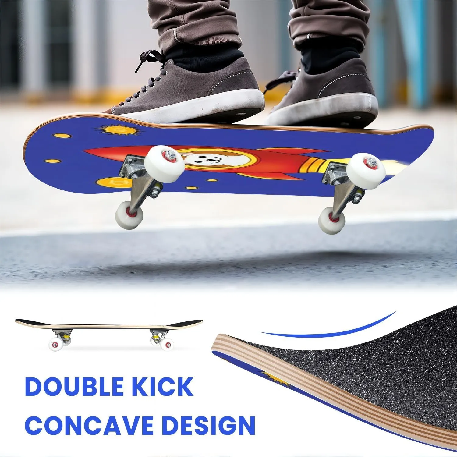 Skateboards for Beginners Dogecoin Rocket Launcher Cryptocurrency Growth Complete Skateboard 7-Layer Maple Wood Double Kick Deck Concave for Tricks Kids Adults Teens 31"x8"
