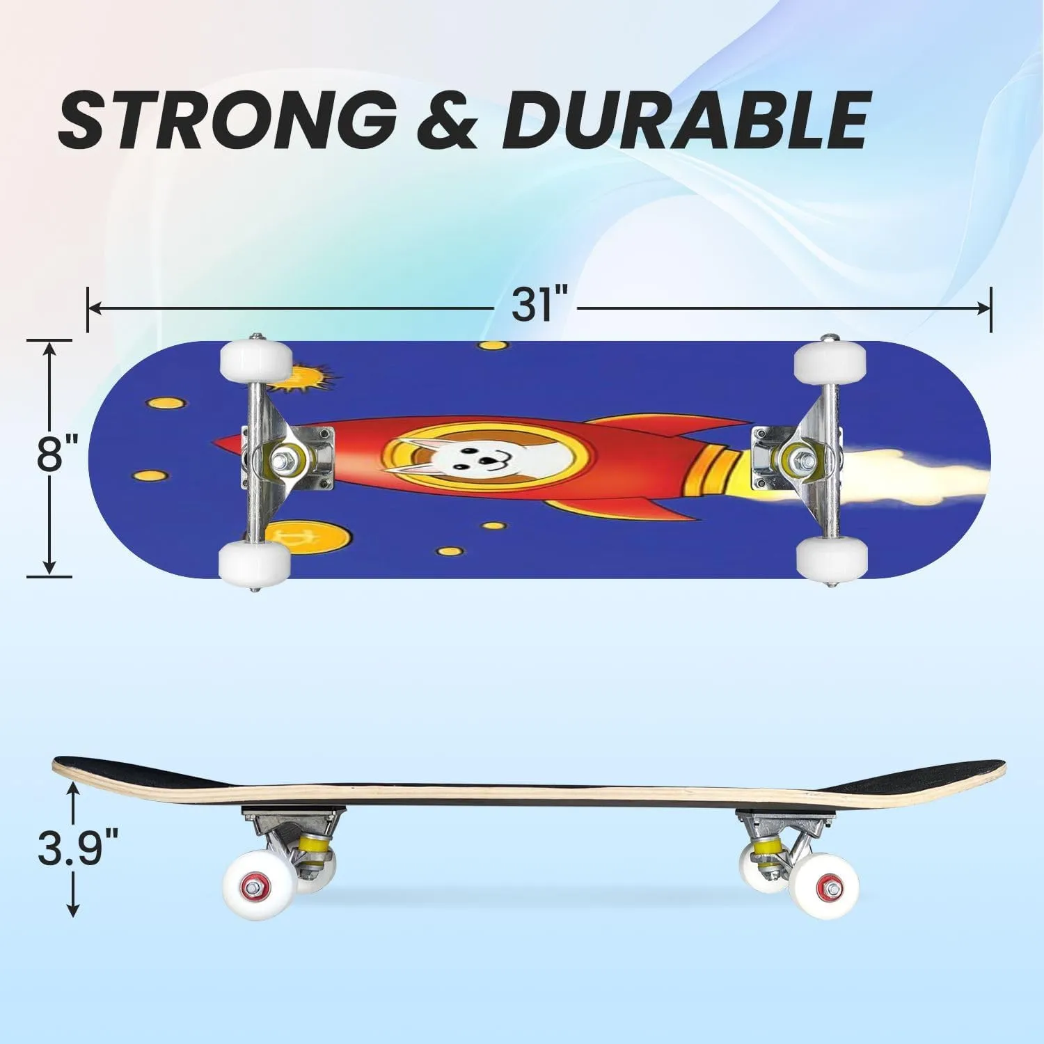 Skateboards for Beginners Dogecoin Rocket Launcher Cryptocurrency Growth Complete Skateboard 7-Layer Maple Wood Double Kick Deck Concave for Tricks Kids Adults Teens 31"x8"
