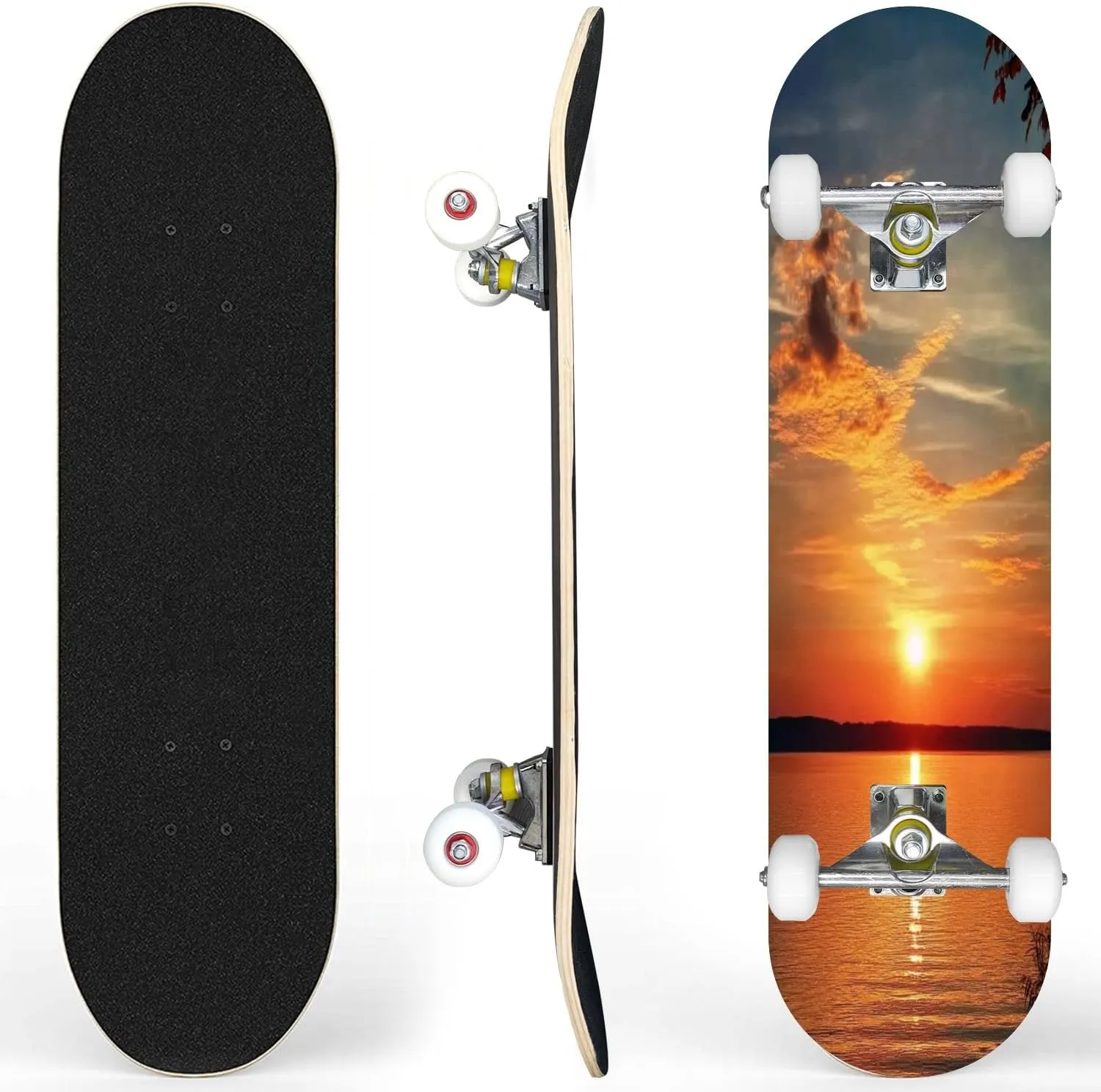 Skateboards for Beginners Evening Sunset Lake Orange Tones Evening Sunset Water Sunset Scene Complete Skateboard 7-Layer Maple Wood Double Kick Deck Concave for Tricks Kids Adults Teens 31"x8"